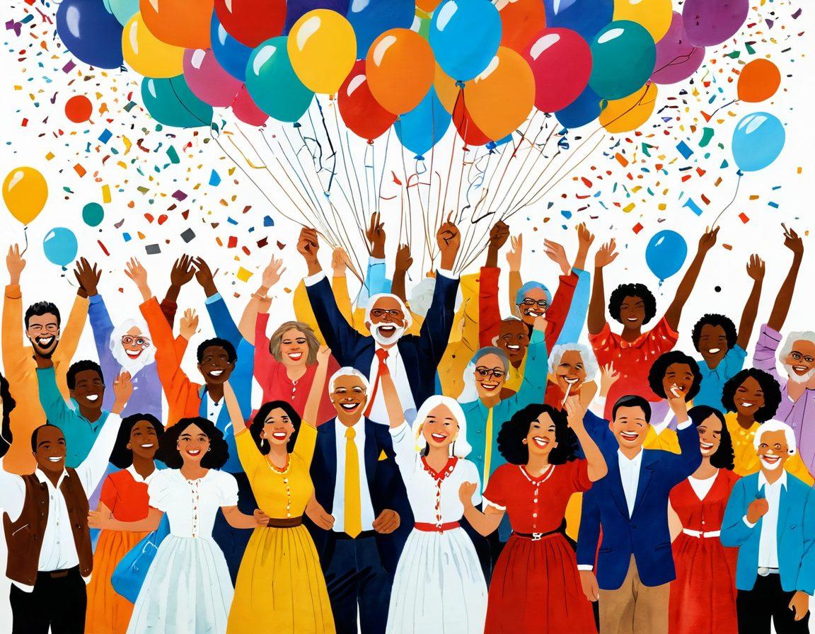 A vibrant collage depicting various joyous milestones throughout history, featuring diverse people celebrating with colorful balloons, confetti, and historical symbols from different eras. Incorporate scenes of ancient festivals, vintage family gatherings, and modern celebrations, blending nostalgia with happiness. Use warm, inviting colors to evoke feelings of joy and unity. painting. vibrant colors. white background.