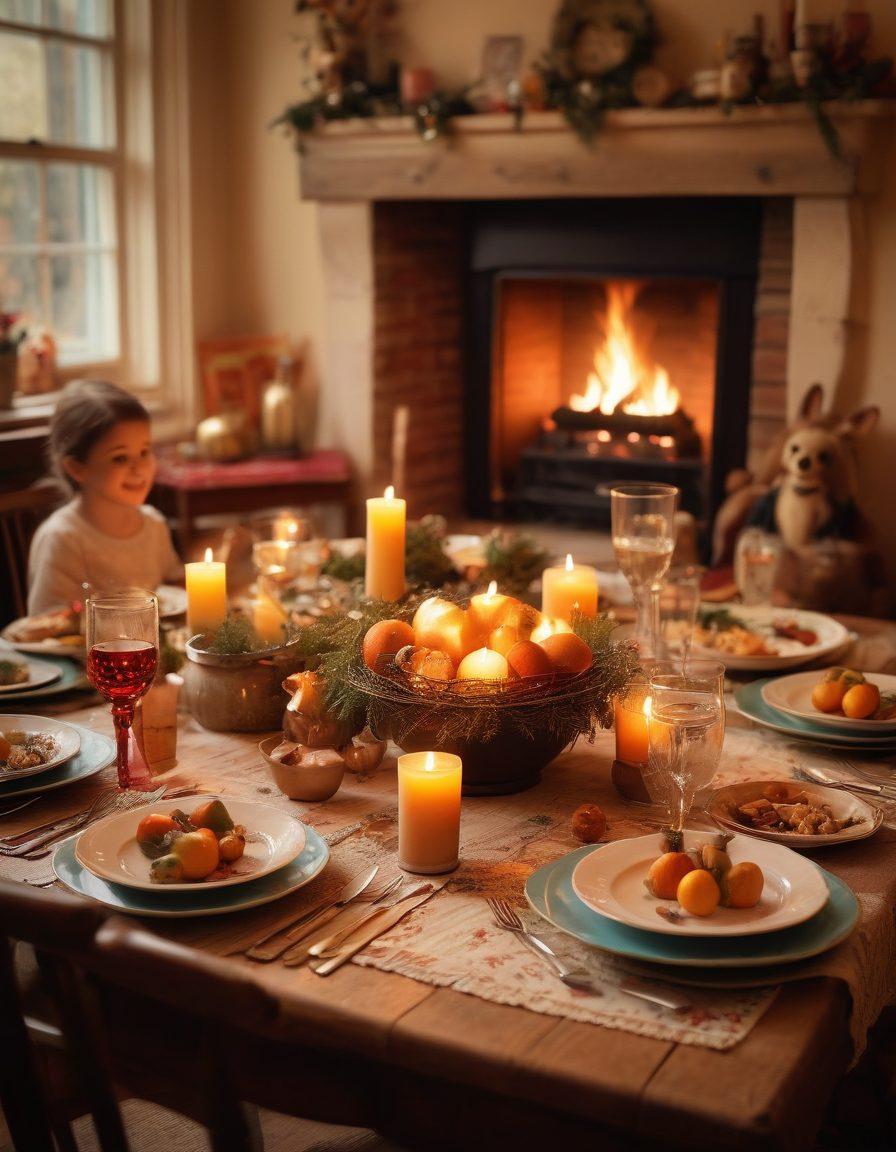 A cozy home filled with nostalgic decorations from the past, scattered with vintage photographs, childhood toys, and a warm glow from a fireplace. Family members gather around a table, enjoying traditional food, laughing and sharing stories, with joyful expressions on their faces. A faint collage of sepia-toned memories subtly layered in the background, invoking feelings of warmth and reminiscence. vibrant colors. soft focus. heartwarming atmosphere.